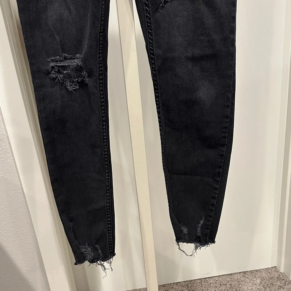 Free People Distressed Black Skinny Jeans Size 28 | Raw Hem Stretch Denim